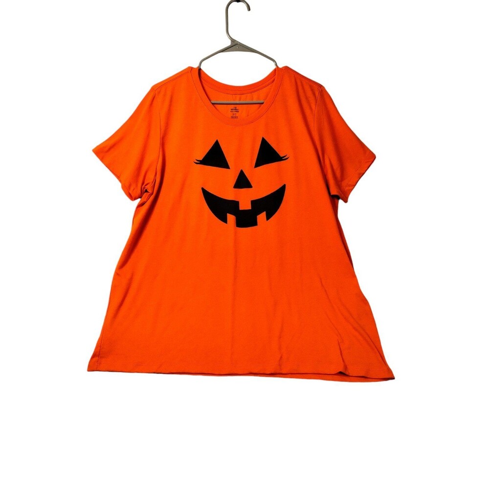 Smiling Pumpkin T-Shirt Orange Black Women's XL Halloween Top